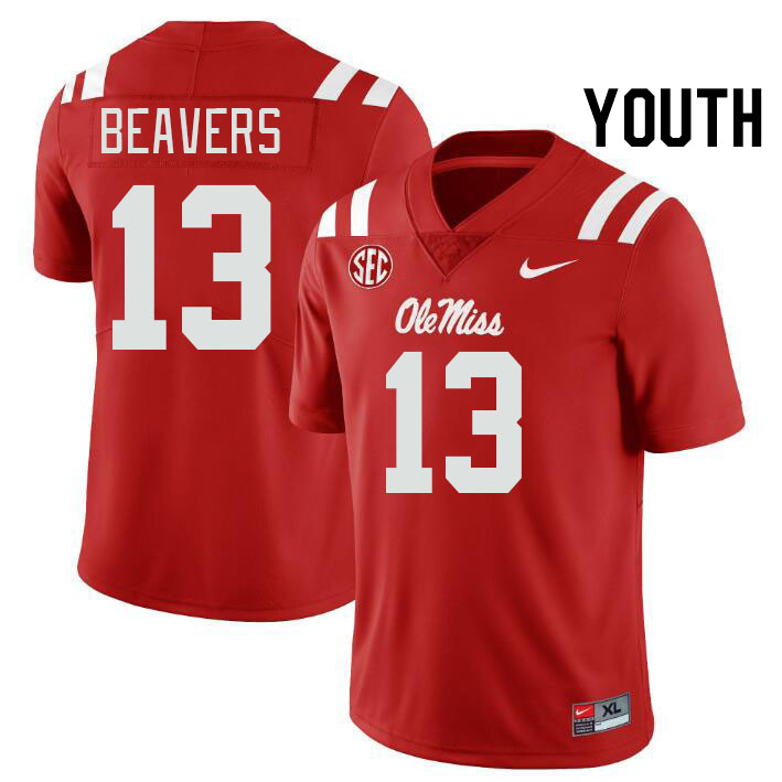 Youth #13 Cedrick Beavers Ole Miss Rebels College Football Jerseys Stitched-Red